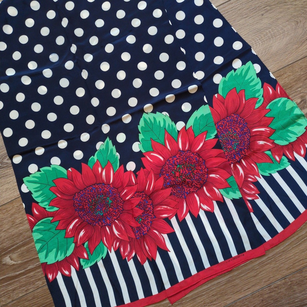Vtg Liz Claiborne Graphic Floral Silk Scarf - Stripes Polka Dot Red White Black